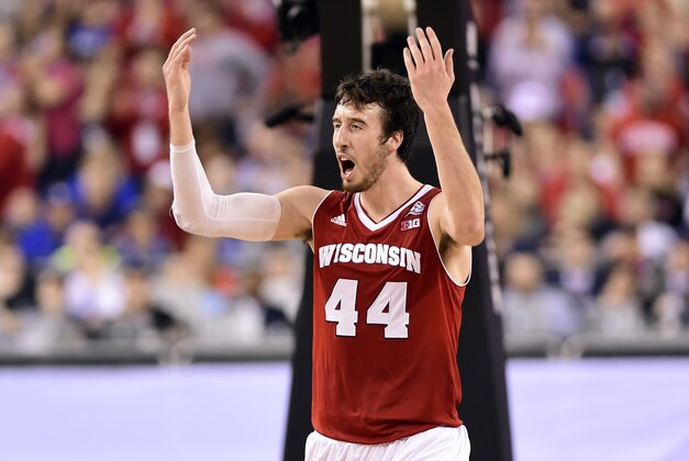 Apr 6, 2015; Indianapolis, IN, USA; Wisconsin Badgers forward Frank Kaminsky (44) reacts after a basket against the Duke Blue Devils in the second half in the 2015 NCAA Men's Division I Championship game at Lucas Oil Stadium. Mandatory Credit: Bob Donnan-USA TODAY Sports