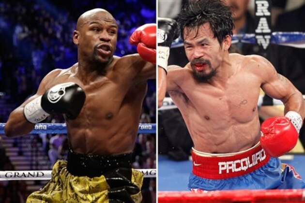 FILE - At left, in a May 4, 2013, file photo, Floyd Mayweather Jr. exchanges punches with Robert Guerrero (not shown) in a WBC welterweight title fight in Las Vegas. At right, in a Nov. 12, 2011, file photo, Manny Pacquiao exchanges punches with  Juan Manuel Marquez (not shown) during a WBO welterweight title fight in Las Vegas. Don't expect to snag a $1,500 nosebleed ticket _ or any other ticket _ at the box office for the fight between Floyd Mayweather Jr. and Manny Pacquiao. Just two weeks before the bout, tickets for the most anticipated fight in recent times have yet to go on public sale, with the two camps and the MGM Grand locked in a standoff over allotments. (AP Photo/Isaac Brekken, File)