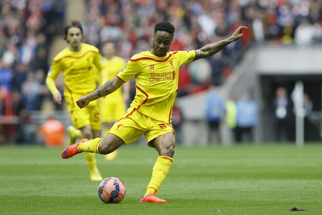 Liverpool's Raheem Sterling takes a shot at goal during the English FA Cup semifinal soccer match between Liverpool and  Aston Villa at Wembley Stadium in London, Sunday, April 19, 2015. (AP Photo/Kirsty Wigglesworth)
