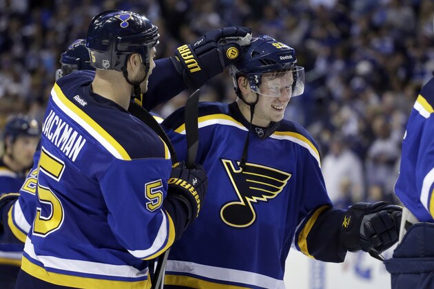 St. Louis Blues' Barret Jackman, left, and Vladimir Tarasenko, of Russia, celebrate following Game 2 of an NHL hockey first-round playoff series against the Minnesota Wild, Saturday, April 18, 2015, in St. Louis. Tarasenko scored three goals and the Blues won 4-1 to tie the series 1-1. (AP Photo/Jeff Roberson)