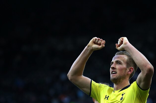 Tottenham Hotspur's Harry Kane celebrates his goal during their English Premier League soccer match between Newcastle United and Tottenham Hotspur at St James' Park, Newcastle, England, Sunday, April, 19, 2015. (AP Photo/Scott Heppell)