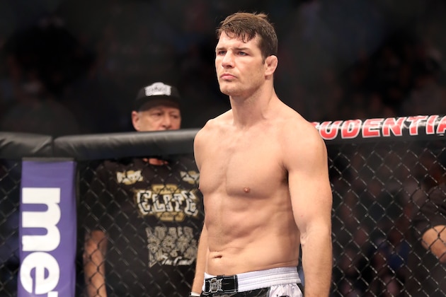 Michael Bisping is seen before his bout at UFC 159 Mixed Martial Arts middleweight bout against Alan Belcher in Newark, NJ, Saturday, April 27,2013.  Bisping won via 3-round technical decision after an accidental eye poke. (AP Photo/Gregory Payan)