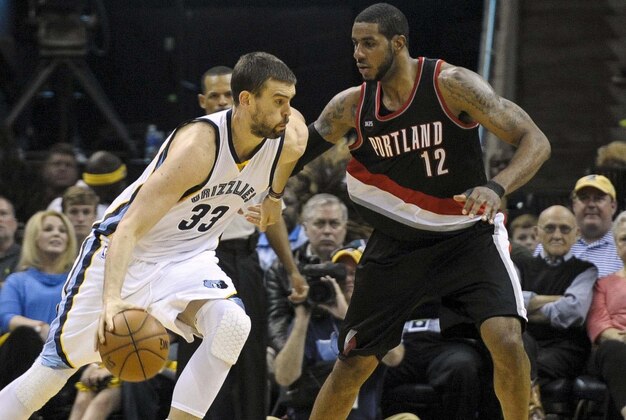 Apr 19, 2015; Memphis, TN, USA; Memphis Grizzlies center Marc Gasol (33) goes to the basket against Portland Trail Blazers forward LaMarcus Aldridge (12) during the game in game one of the first round of the NBA Playoffs at FedExForum. Memphis Grizzlies beat Portland Trail Blazers 100 -86.Mandatory Credit: Justin Ford-USA TODAY Sports