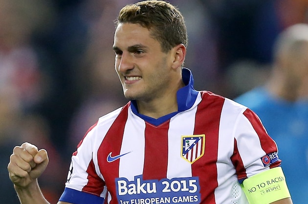 Atletico's Koke celebrates winning the Champions League round of sixteen second leg soccer match between Atletico de Madrid and Bayer 04 Leverkusen at the Vicente Calderon stadium in Madrid, Spain, Tuesday, March 17, 2015. (AP Photo/Daniel Ochoa de Olza)