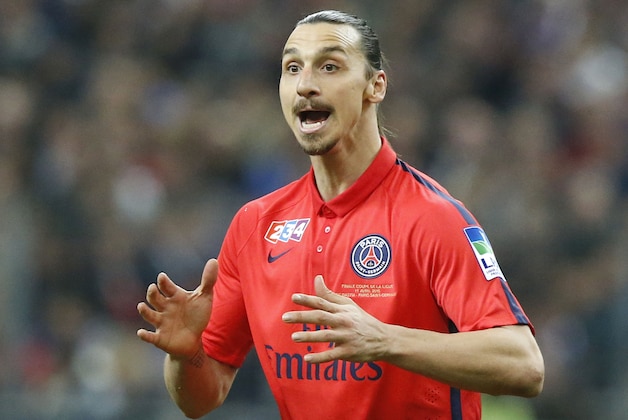 Paris Saint Germain's  Zlatan Ibrahimovic, reacts after his team missed a goal-scoring opportunity during a League Cup final soccer match Bastia against Paris Saint Germain at Stade de France stadium in Saint Denis, outside Paris, France, Saturday, April 11, 2015. Paris Saint Germain won 4-0. (AP Photo/Michel Euler)