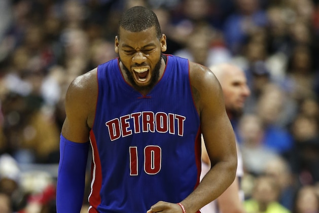 Detroit Pistons forward Greg Monroe (10) celebrates in the second half of an NBA basketball game against the Washington Wizards, Saturday, Feb. 28, 2015, in Washington. The Wizards won 99-95. (AP Photo/Alex Brandon)