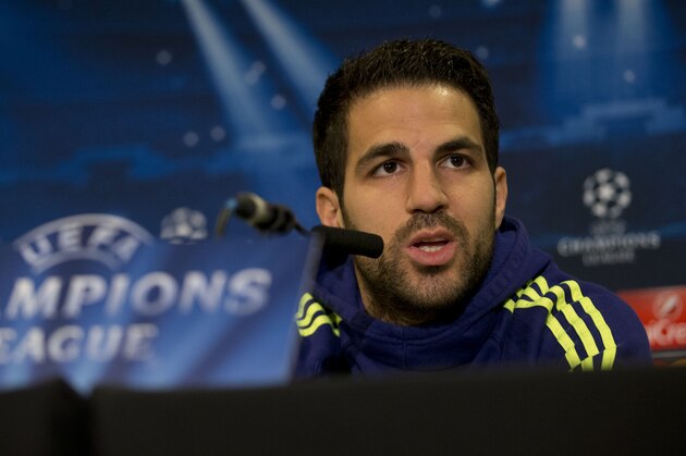 Chelsea's Cesc Fabregas speaks during a press conference ahead of their Champions League round of 16 second leg soccer match against Paris Saint-Germain  at Stamford Bridge stadium in London, Tuesday, March 10, 2015.  The teams go into the match at the stadium on Wednesday with a first-leg score of 1-1.  (AP Photo/Matt Dunham)