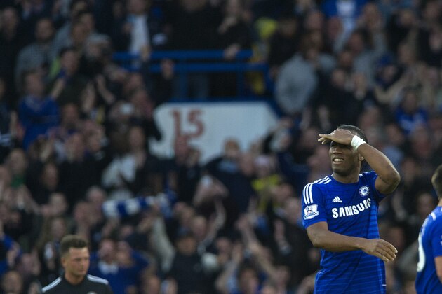 Chelsea's Didier Drogba, looks on at the end of the English Premier League soccer match between Chelsea and Manchester United, at Stamford Bridge Stadium in London, Saturday, April 18, 2015. (AP Photo/Bogdan Maran)