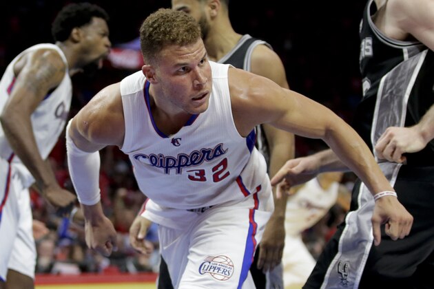 Los Angeles Clippers forward Blake Griffin plays against the San Antonio Spurs during the second half of Game 1 of a first-round NBA basketball  playoff series in Los Angeles, Sunday, April 19, 2015. (AP Photo/Chris Carlson)