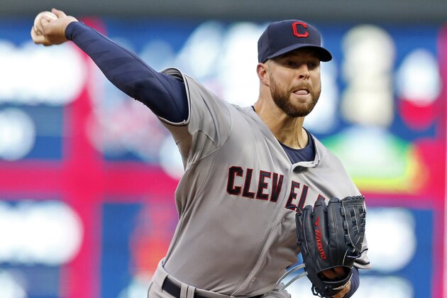 Cleveland Indians pitcher Corey Kluber throws against the Minnesota Twins in the first inning of a baseball game, Friday, April 17, 2015, in Minneapolis. (AP Photo/Jim Mone)
