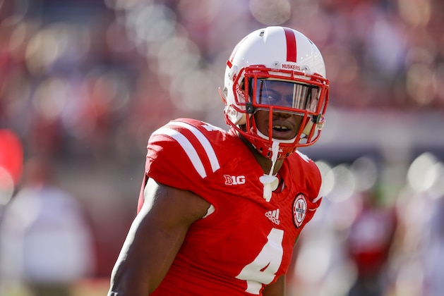 FILE - In this Oct. 25, 2014 file photo, Nebraska defensive end Randy Gregory (4) warms up before an NCAA college football game against Rutgers in Lincoln, Neb. Gregory is projected to be a high first-round pick in the NFL draft but knows he has much to prove, starting at the scouting combine in two weeks. (AP Photo/Nati Harnik, File)