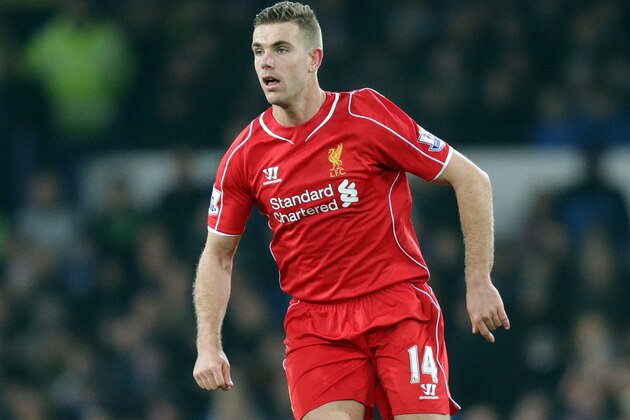 Liverpool's Jordan Henderson during their English Premier League soccer match against Everton at Goodison Park in Liverpool, England, Saturday Feb. 7, 2015. (AP Photo/Clint Hughes)