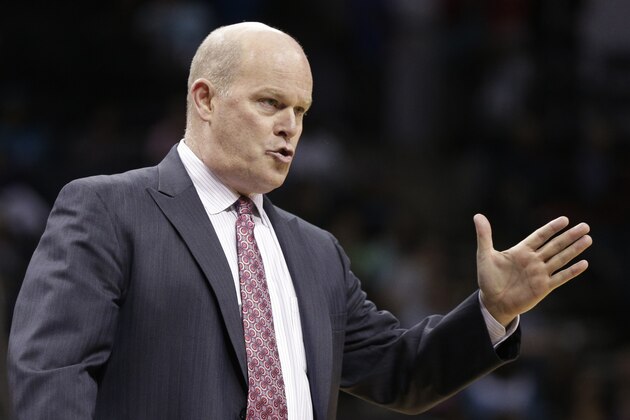 Charlotte Hornets head coach Steve Clifford reacts to a call during the second half of an NBA basketball game against the Houston Rockets  in Charlotte, N.C., Monday, April 13, 2015. The Rockets won 100-90. (AP Photo/Chuck Burton)