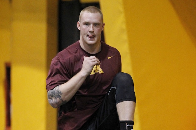 Former Minnesota tight end Maxx Williams warms up during Minnesota pro day in Minneapolis Monday, March 2, 2015. (AP Photo/Ann Heisenfelt)