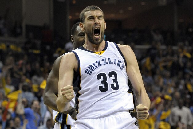 Apr 19, 2015; Memphis, TN, USA; Memphis Grizzlies center Marc Gasol (33) reacts during the game against the Portland Trail Blazers in game one of the first round of the NBA Playoffs at FedExForum. Mandatory Credit: Justin Ford-USA TODAY Sports