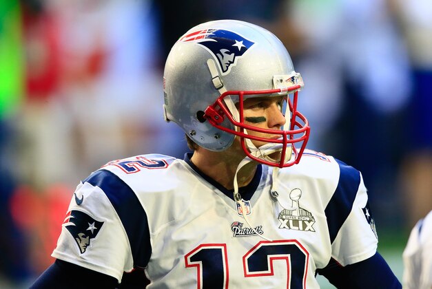 Feb 1, 2015; Glendale, AZ, USA; New England Patriots quarterback Tom Brady (12) in Super Bowl XLIX against the Seattle Seahawks at University of Phoenix Stadium. Mandatory Credit: Andrew Weber-USA TODAY Sports