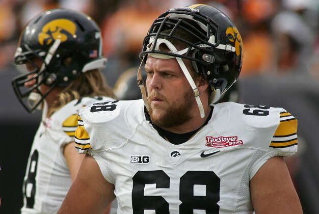 Jan 2, 2015; Jacksonville, FL, USA; Iowa Hawkeyes offensive lineman Brandon Scherff (68) before the start of the 2015 TaxSlayer Bowl against the Tennessee Volunteers at EverBank Field. The Tennessee Volunteers beat the Iowa Hawkeyes 45-28. Mandatory Credit: Phil Sears-USA TODAY Sports