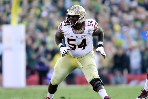 January 1, 2015; Pasadena, CA, USA; Florida State Seminoles guard Tre' Jackson (54) against the Oregon Ducks in the 2015 Rose Bowl college football game at Rose Bowl. Mandatory Credit: Gary A. Vasquez-USA TODAY Sports