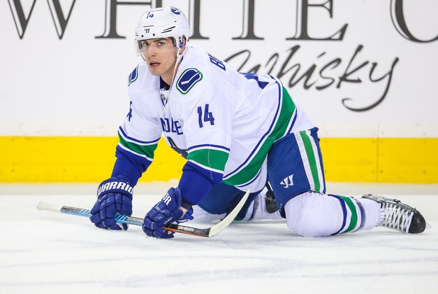 Feb 14, 2015; Calgary, Alberta, CAN; Vancouver Canucks left wing Alex Burrows (14) during the warmup period against the Calgary Flames at Scotiabank Saddledome. Calgary Flames won 3-2. Mandatory Credit: Sergei Belski-USA TODAY Sports