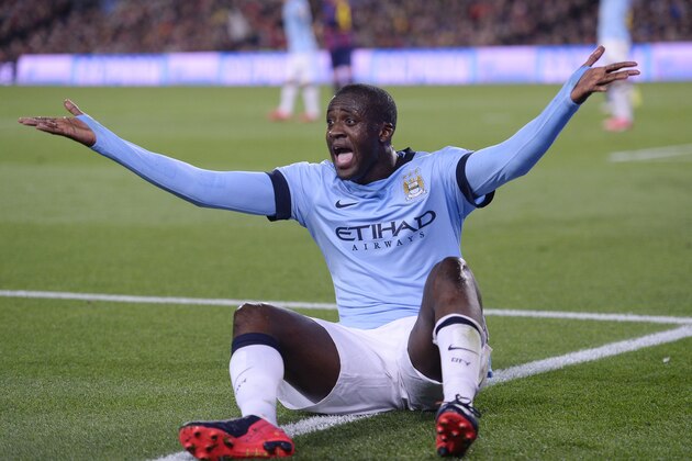 Manchester City's Yaya Toure shouts during a Champions League round of 16 second leg, soccer match between FC Barcelona and Manchester City at Camp Nou stadium, in Barcelona, Spain, Wednesday, March 18, 2015. (AP Photo/Manu Fernandez)