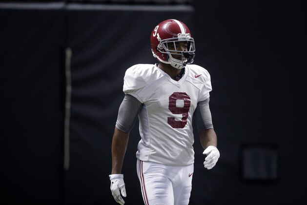 Alabama wide receiver Amari Cooper (9) walks through drills during practice at the Mercedes-Benz Superdome in New Orleans, La., Sunday, Dec. 28, 2014, for the Allstate Sugar Bowl NCAA football game, which will be played Jan. 1, 2015. (AP Photo/Gerald Herbert)