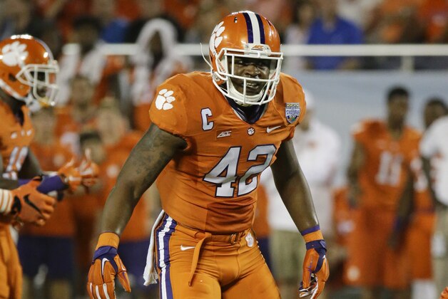 Clemson linebacker Stephone Anthony (42) moves against Oklahoma during the second half of the Russell Athletic Bowl NCAA college football game in Orlando, Fla., Monday, Dec. 29, 2014. Clemson won 40-6. (AP Photo/John Raoux)