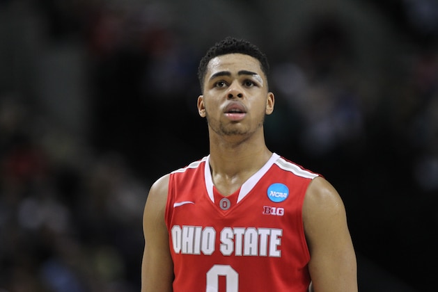 Ohio State guard D'Angelo Russell is shown during the second half of an NCAA college basketball tournament round of 32 game against Arizona in Portland, Ore., Saturday, March 21, 2015. (AP Photo/Craig Mitchelldyer)