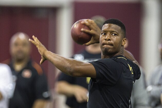 Jameis Winston passes during Florida State football pro day in Tallahassee, Fla., Tuesday, March 31, 2015.  (AP Photo/Mark Wallheiser)