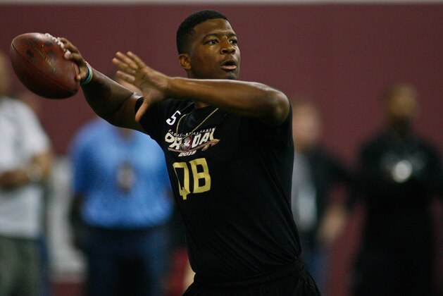 Mar 31, 2015; Tallahassee, FL, USA; Jameis Winston throws during FSU Football Pro Day at the Albert J. Dunlap Athletic Training Facility. Mandatory Credit: Phil Sears-USA TODAY Sports