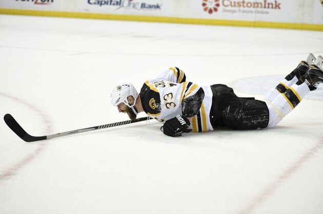 Boston Bruins defenseman Zdeno Chara (33), of Slovakia, reacts on the ice during the first period of an NHL hockey game against the Washington Capitals, Wednesday, April 8, 2015, in Washington. (AP Photo/Nick Wass)