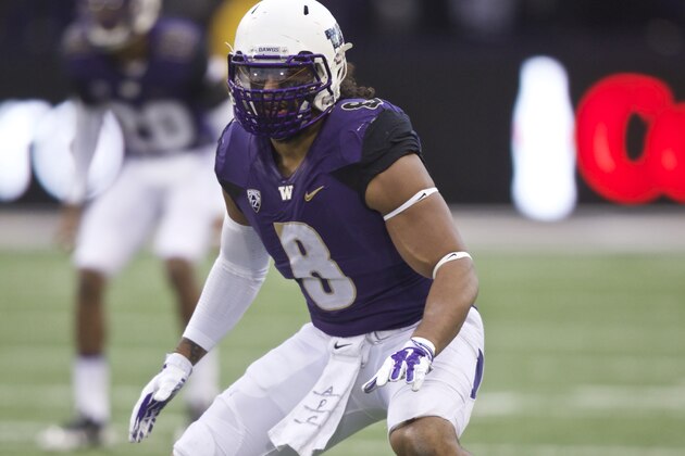 Washington linebacker Hau'oli Kikaha drops back into pass coverage in the first half of an NCAA college football game against UCLA, on Saturday, Nov. 8, 2014, in Seattle. (AP Photo/Stephen Brashear)