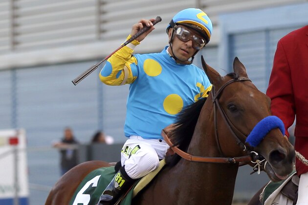 Victor Espinoza raises his whip as he and American Pharoah are led to the Winner's Circle after the Arkansas Derby horse race at Oaklawn Park in Hot Springs, Ark., Saturday, April 11, 2015. (AP Photo/Danny Johnston)