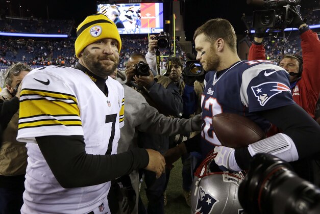 Pittsburgh Steelers quarterback Ben Roethlisberger, left, speaks to New England Patriots quarterback Tom Brady, right, after an NFL football game Sunday, Nov. 3, 2013, in Foxborough, Mass. The Patriots won 55-31.  (AP Photo/Steven Senne)