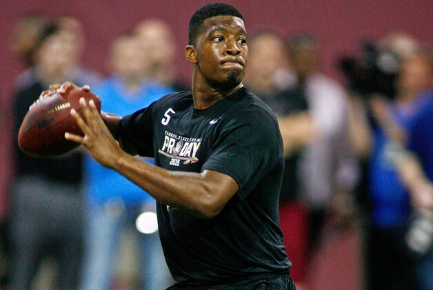 Mar 31, 2015; Tallahassee, FL, USA; Florida State Seminoles quarterback Jameis Winston throws during FSU Football Pro Day at the Albert J. Dunlap Athletic Training Facility. Mandatory Credit: Phil Sears-USA TODAY Sports
