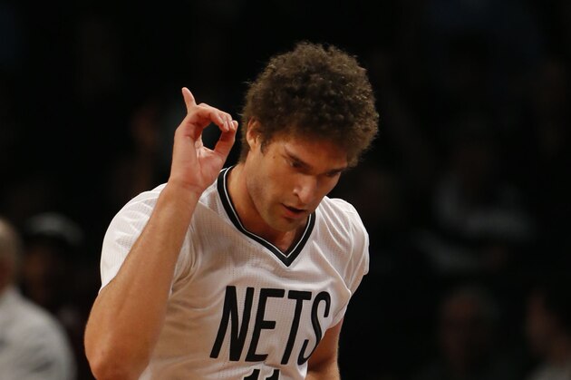 Apr 10, 2015; Brooklyn, NY, USA; Brooklyn Nets center Brook Lopez (11) celebrates after scoring against the Washington Wizards during first half at Barclays Center. Mandatory Credit: Noah K. Murray-USA TODAY Sports