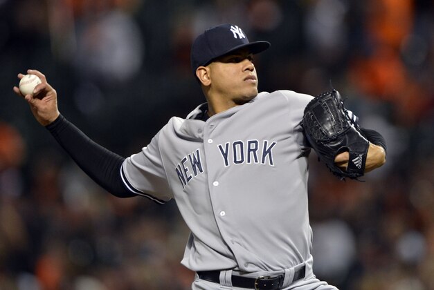 Apr 15, 2015; Baltimore, MD, USA; New York Yankees relief pitcher Dellin Betances  pitches during the eighth inning against the Baltimore Orioles at Oriole Park at Camden Yards. Baltimore Orioles defeated New York Yankees 7-5. Mandatory Credit: Tommy Gilligan-USA TODAY Sports
