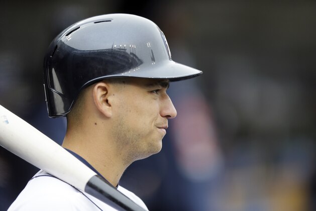 Detroit Tigers shortstop Jose Iglesias is seen in the dugout during the eighth inning of a baseball game against the Minnesota Twins, Wednesday, April 8, 2015, in Detroit. (AP Photo/Carlos Osorio)