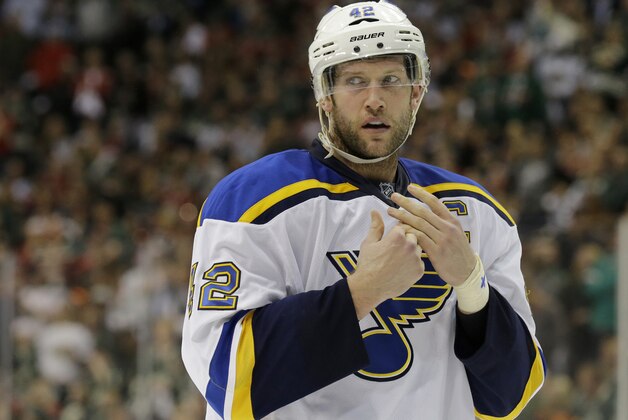 St. Louis Blues center David Backes (42) puts his helmet back on during the second period of Game 3 of an NHL hockey first-round playoff series game against the Minnesota Wild in St. Paul, Minn., Monday, April 20, 2015. (AP Photo/Ann Heisenfelt)
