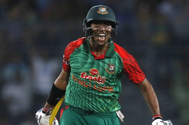 Bangladesh’s Soumya Sarkar celebrates  after scoring a hundred during the third one-day international cricket match against Pakistan in Dhaka, Bangladesh, Wednesday, April 22, 2015. (AP Photo/ A.M. Ahad)