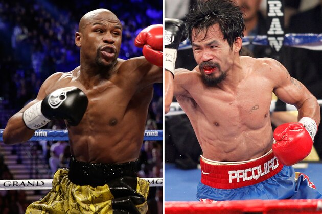 A la izquierda se ve al peleador Floyd Mayweather Jr. en combate contra Roberto Guerrero, mientras a la derecha se aprecia a Manny Pacquiao en pelea contra Juan Manuel Márquez. Ambos se enfrentarán el 2 de mayo en Las Vegas. (Foto AP/Isaac Brekken, archivo)