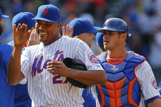 Apr 19, 2015; New York City, NY, USA; New York Mets relief pitcher Jeurys Familia (27) smiles after 7-6 win over the Miami Marlins at Citi Field.  Mandatory Credit: Noah K. Murray-USA TODAY Sports