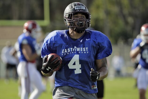 West tight end MyCole Pruitt, of Southern Illinois, during practice for the East-West Shrine college football game Tuesday, Jan. 13, 2015, in St. Petersburg, Fla. (AP Photo/Chris O'Meara)