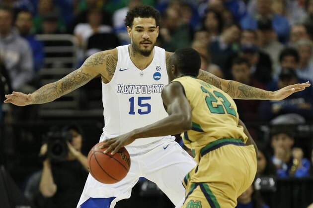 Mar 28, 2015; Cleveland, OH, USA; Kentucky Wildcats forward Willie Cauley-Stein (15) guards Notre Dame Fighting Irish guard Jerian Grant (22)  during the first half in the finals of the midwest regional of the 2015 NCAA Tournament at Quicken Loans Arena. Mandatory Credit: Rick Osentoski-USA TODAY Sports