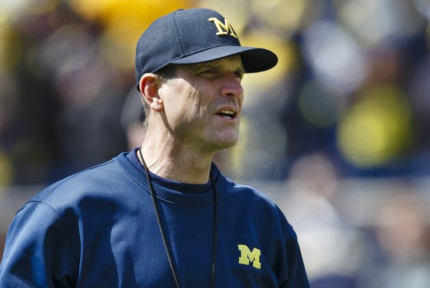 Apr 4, 2015; Ann Arbor, MI, USA; Michigan Wolverines head coach Jim Harbaugh is seen during the Spring football game at Michigan Stadium. Mandatory Credit: Rick Osentoski-USA TODAY Sports