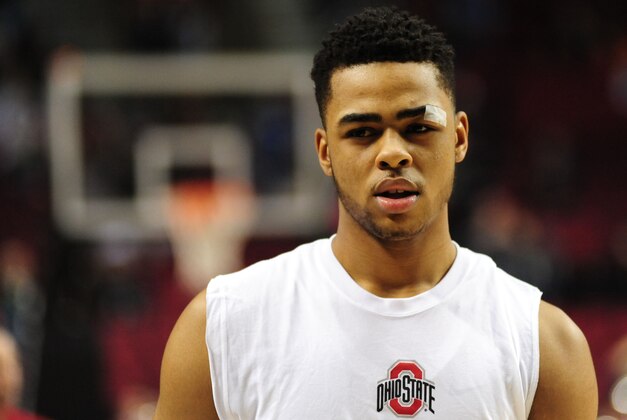 Mar 21, 2015; Portland, OR, USA; Ohio State Buckeyes guard D'Angelo Russell (0) warms up before the game against the Arizona Wildcats in the third round of the 2015 NCAA Tournament at Moda Center. Mandatory Credit: Godofredo Vasquez-USA TODAY Sports