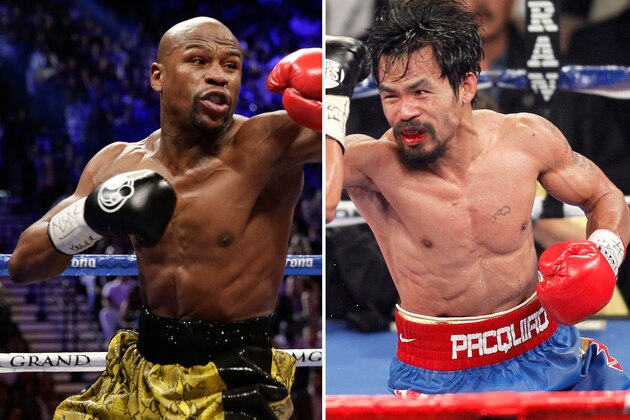 A la izquierda se ve al peleador Floyd Mayweather Jr. en combate contra Roberto Guerrero, mientras a la derecha se aprecia a Manny Pacquiao en pelea contra Juan Manuel Márquez. Ambos se enfrentarán el 2 de mayo en Las Vegas. (Foto AP/Isaac Brekken, archivo)