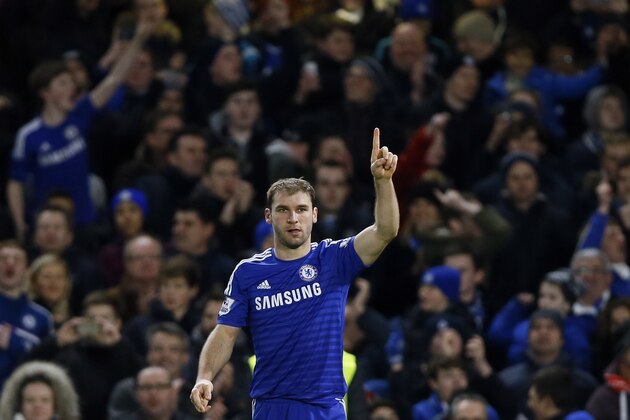 Chelsea's Branislav Ivanovic celebrates scoring during the English League Cup semifinal second leg soccer match between Chelsea and Liverpool at Stamford Bridge stadium in London, Tuesday, Jan. 27, 2015. (AP Photo/Kirsty Wigglesworth)