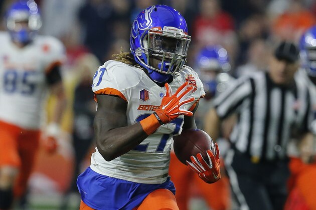 Boise State running back Jay Ajayi (27) in the first half during the Fiesta Bowl NCAA college football game against Arizona, Wednesday, Dec. 31, 2014, in Glendale, Ariz. (AP Photo/Rick Scuteri)