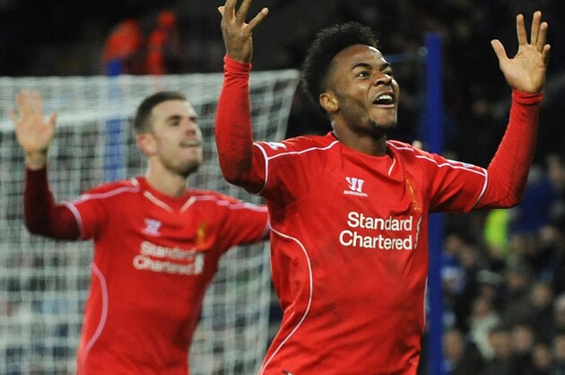 Liverpool's Raheem Sterling during the English Premier League soccer match between Leicester City and Liverpool at King Power Stadium, in Leicester, England, Tuesday, Dec. 2, 2014.  (AP Photo/Rui Vieira)