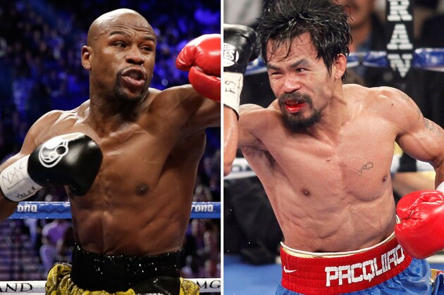A la izquierda se ve al peleador Floyd Mayweather Jr. en combate contra Roberto Guerrero, mientras a la derecha se aprecia a Manny Pacquiao en pelea contra Juan Manuel Márquez. Ambos se enfrentarán el 2 de mayo en Las Vegas. (Foto AP/Isaac Brekken, archivo)
